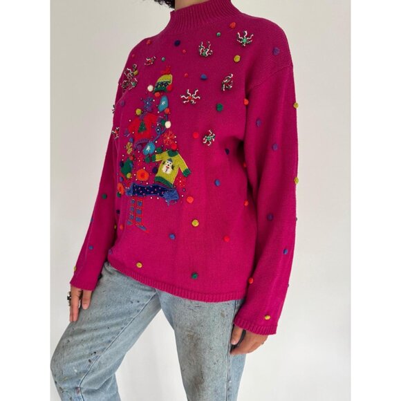 90s vintage pink festive holiday novelty embroidered ugly christmas knit sweater - Picture 3 of 10